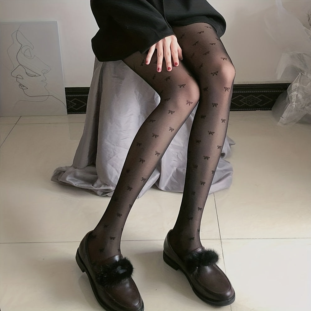 Bow Pattern High Waist Sheer Footed Pantyhose