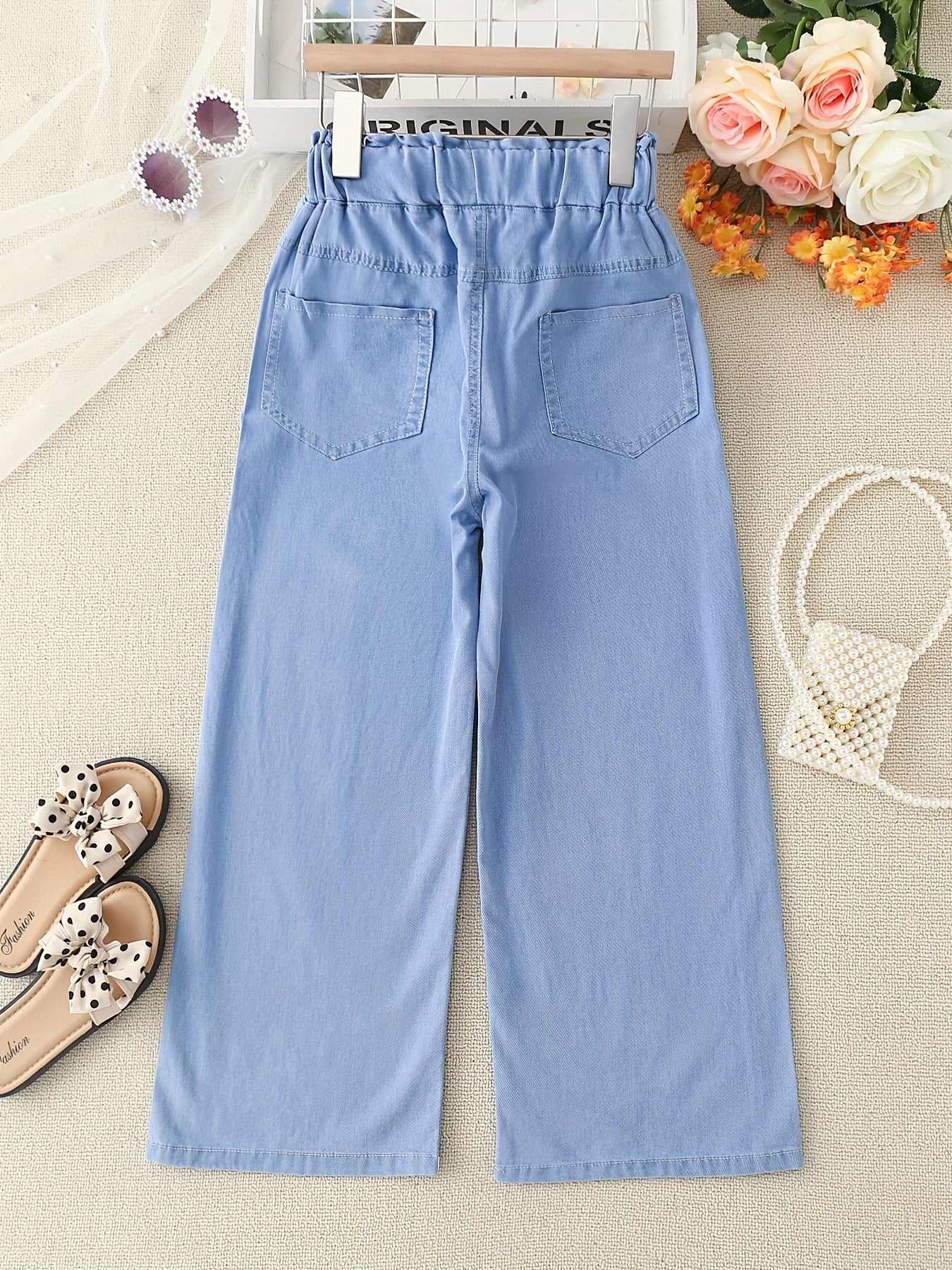 Girls Button Jeans Wide Leg Pants Teen Kids