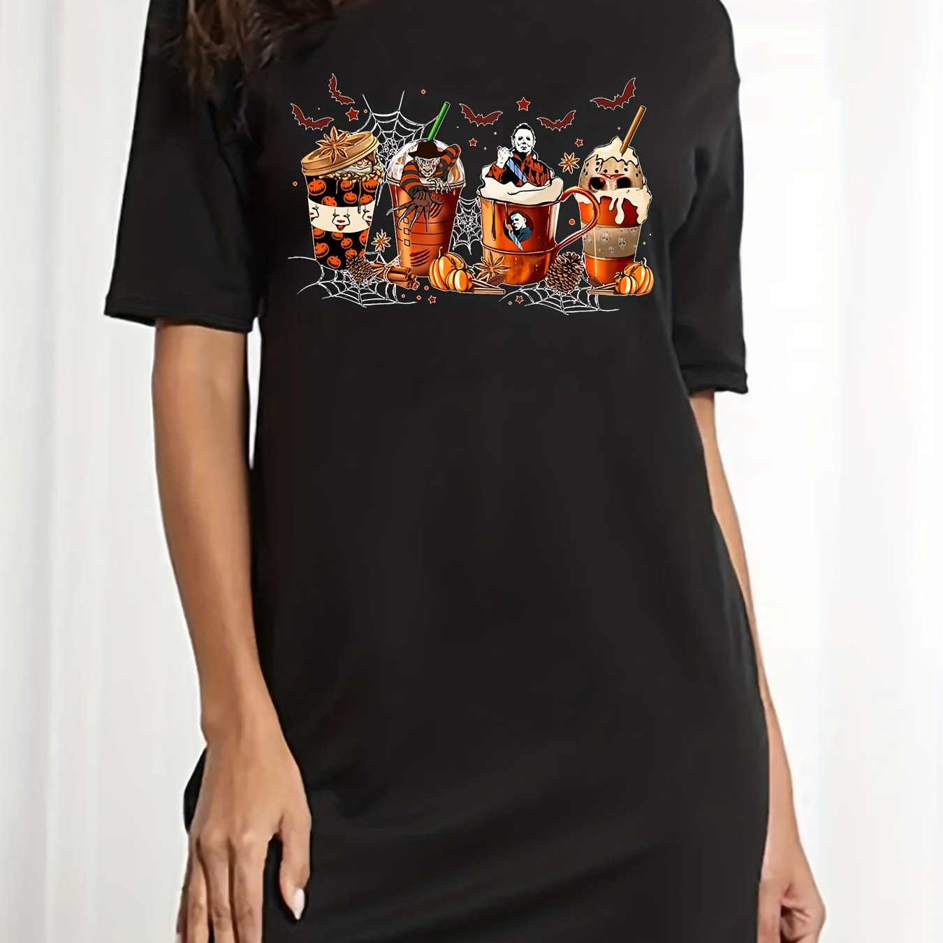 Horror Cartoon Figure & Funny Coffee Tee Dress