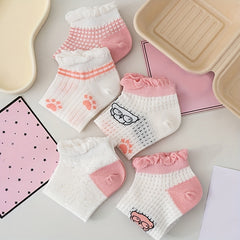 5 Pairs Bear Print & Ruffle Ankle Socks Women's Stockings