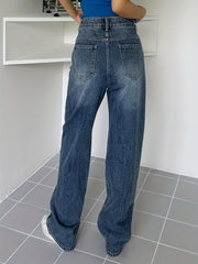 Star Print Washed Straight Leg Jeans Zipper Button Closure