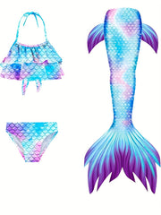 Girl's Tie Dye Mermaid Swimsuit 3pcs Bikini Set & Mermaid Tail Fish Scale Print
