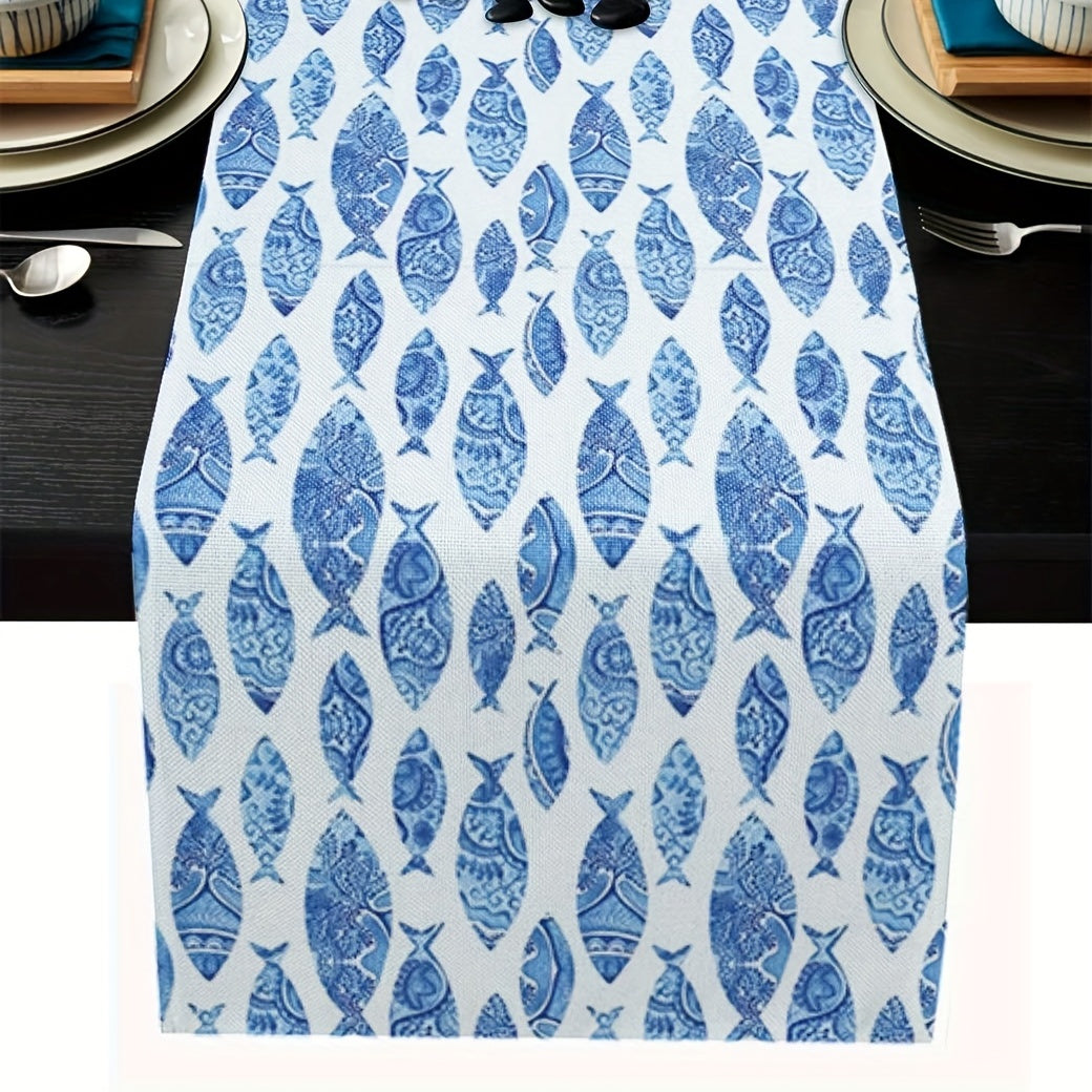Long Fish Pattern Linen Table Runner Heat Resistant Washable 33x182 cm