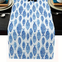 Long Fish Pattern Linen Table Runner Heat Resistant Washable 33x182 cm