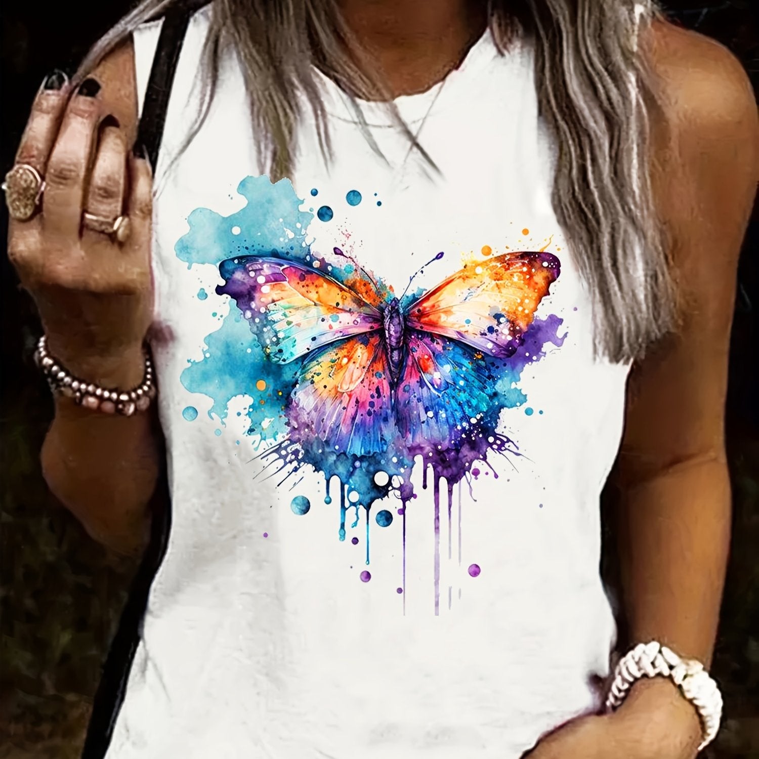 Butterfly Print Tank Top Casual Crew Neck Summer Sleeveless Top