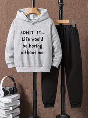 Boys Hoodie & Sweatpants 2pcs LIFE WOULD BE BORING Print Casual Kids Clothes