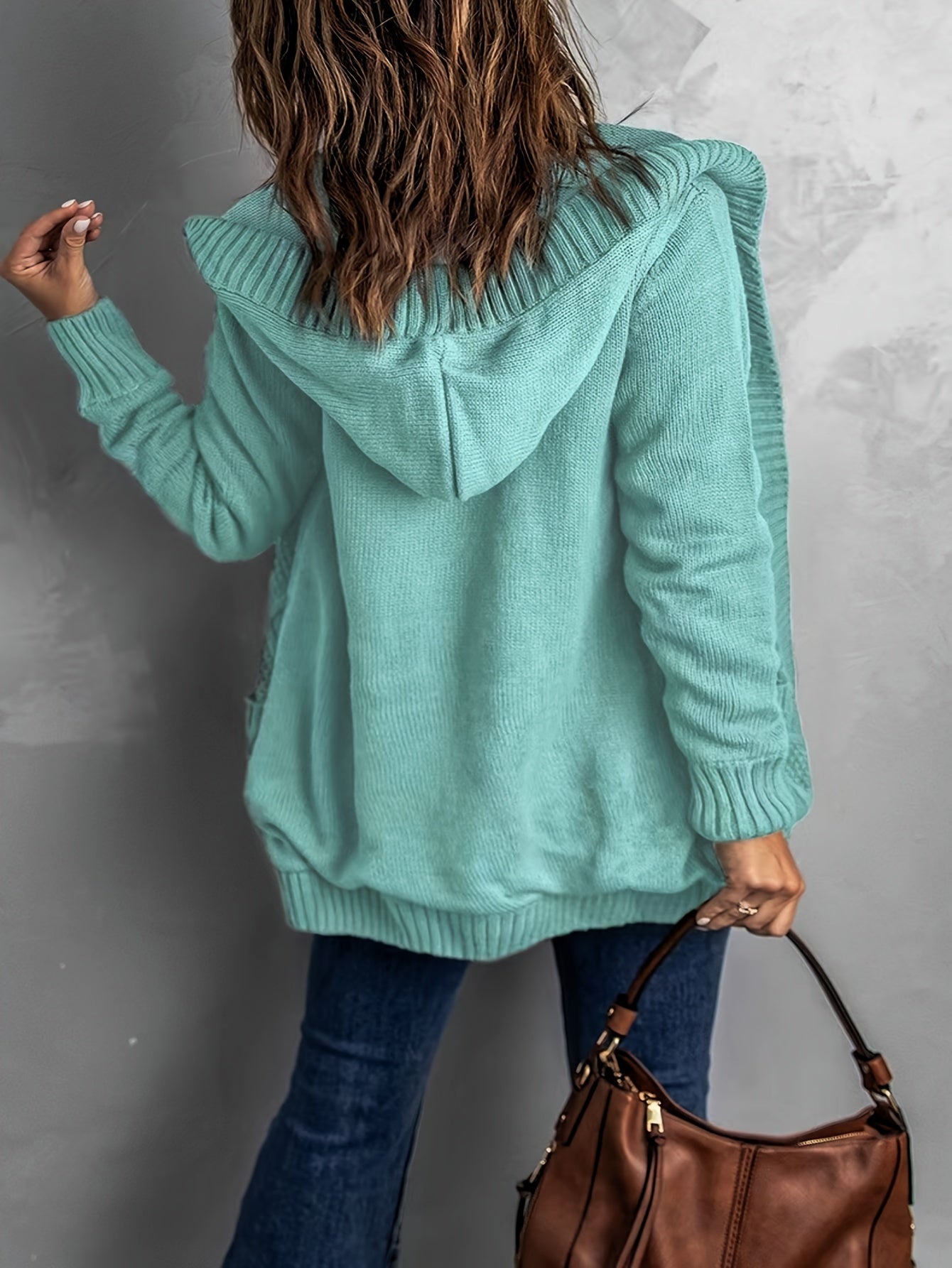 Solid Button Up Cable Long Sleeve Hooded Cardigan With Pockets