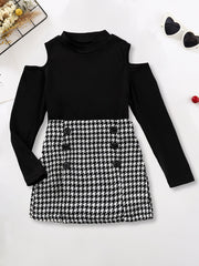 Girls Cold Shoulder Long Sleeve Top Houndstooth Skirt Set