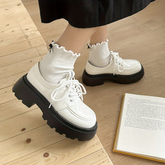 Women's Platform Loafers Round Toe Lace Up Patent Leather Shoes