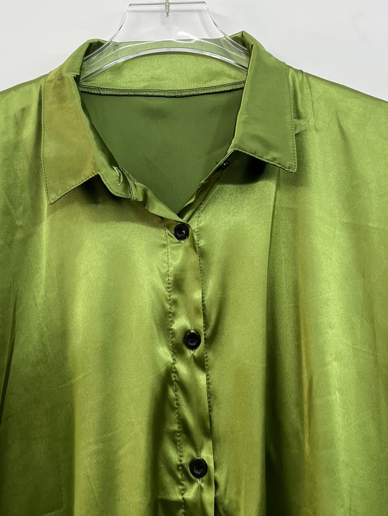 Solid Satin Button Up Short Sleeve Blouse