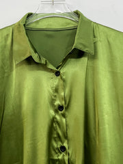 Solid Satin Button Up Short Sleeve Blouse