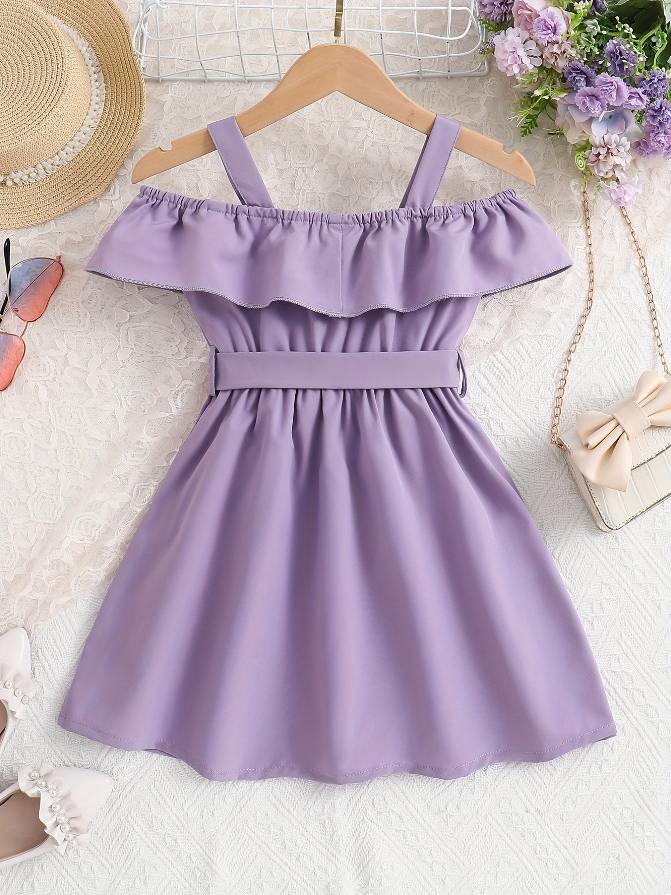 Toddler Girls Ruffle Trim Cold Shoulder Dress For Party Beach Vacation
