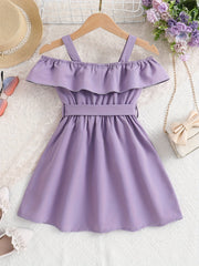 Toddler Girls Ruffle Trim Cold Shoulder Dress For Party Beach Vacation
