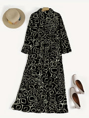 Graphic Print Maxi Dress Long Sleeve Ruched Dress With Collar