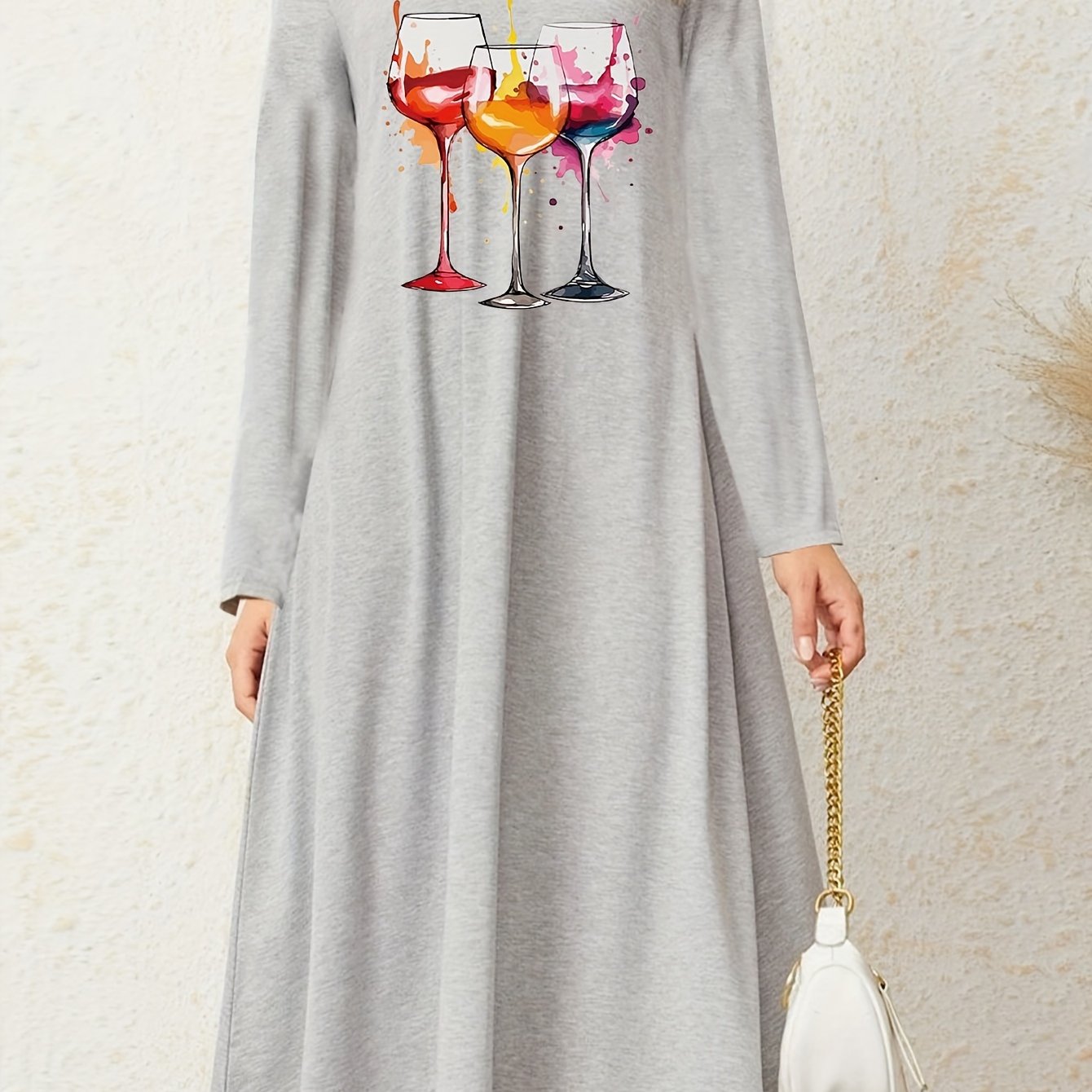 Wine Glasses Print Long Sleeve Nightdress