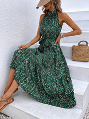 Leopard Print Halter Neck Dress Boho Belted Dress