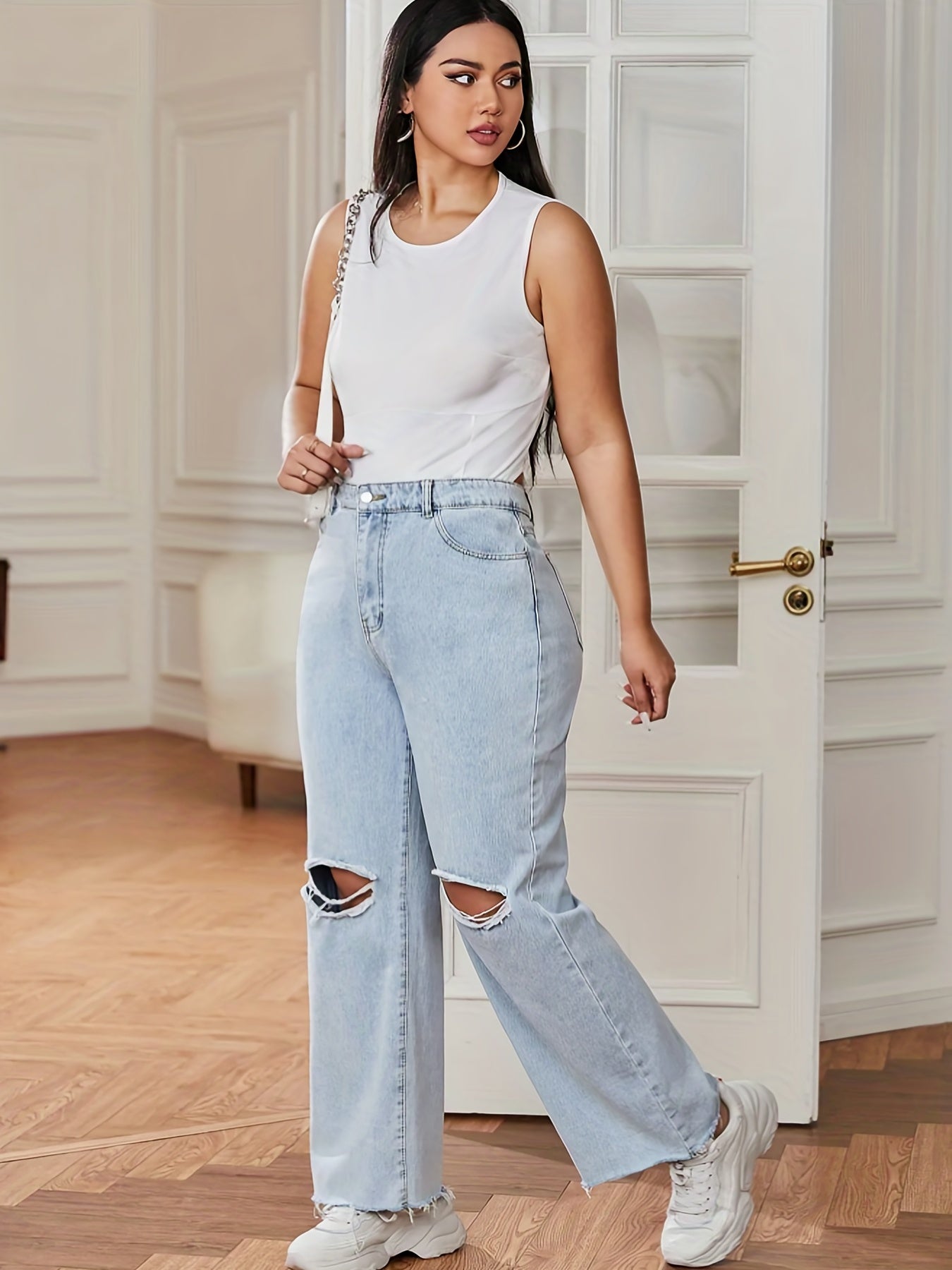 Solid Button Fly Ripped Fringe Wide Leg Jeans