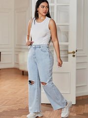 Solid Button Fly Ripped Fringe Wide Leg Jeans