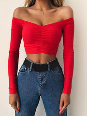 Off Shoulder Long Sleeve Short Sweater Sexy Crop Top