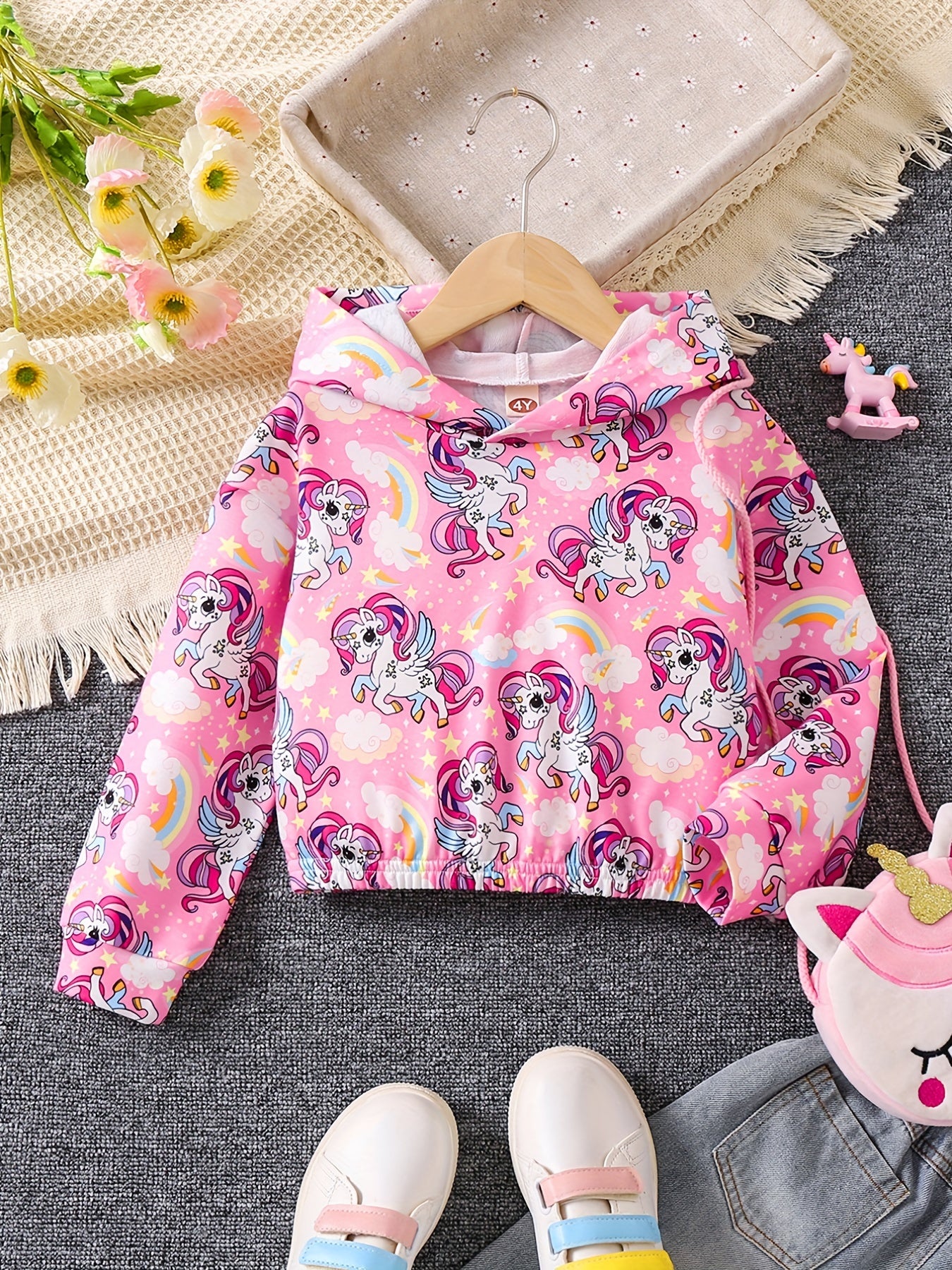 Girls Unicorn Full Print Hoodie Cropped Sweatshirt Pullover