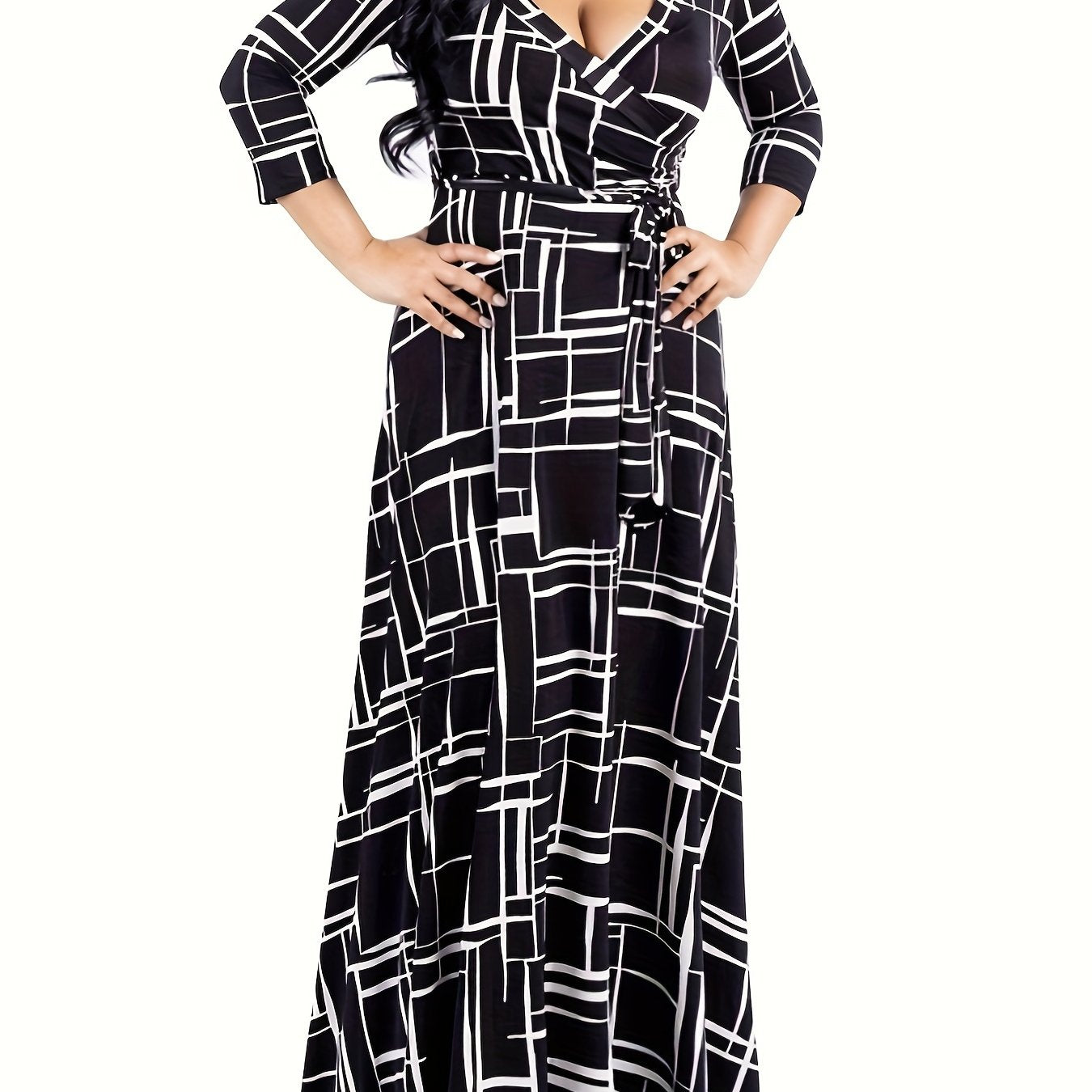Geometric Print Long Sleeve Maxi Dress With Belt