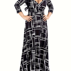 Geometric Print Long Sleeve Maxi Dress With Belt