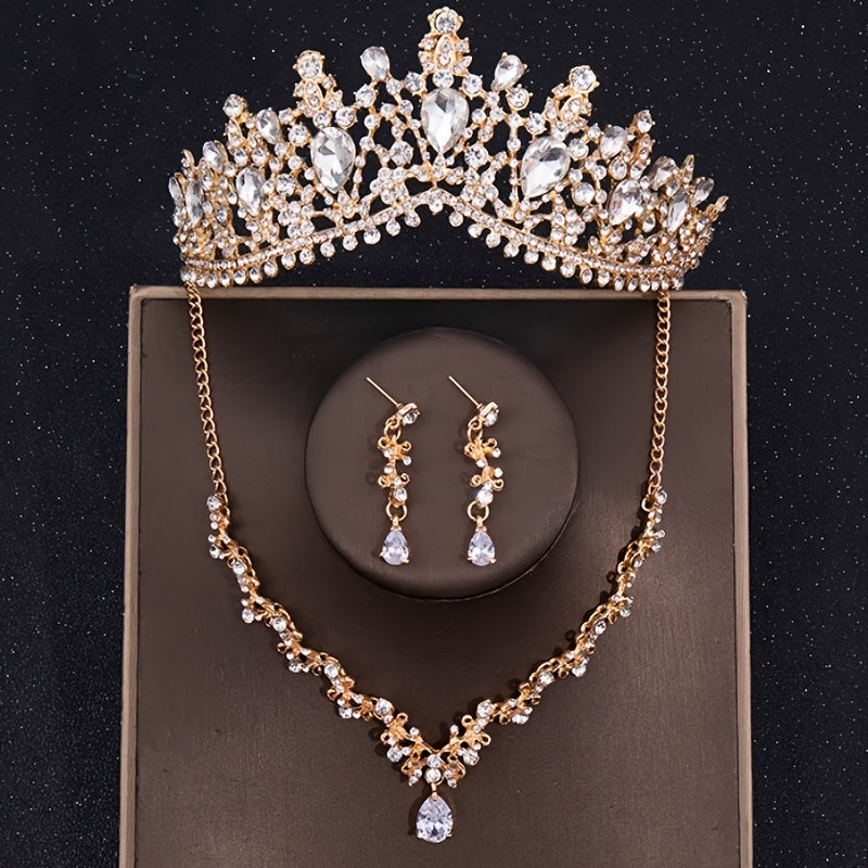 Baroque Crystal Crown Tiara Necklace Earrings Set For Women