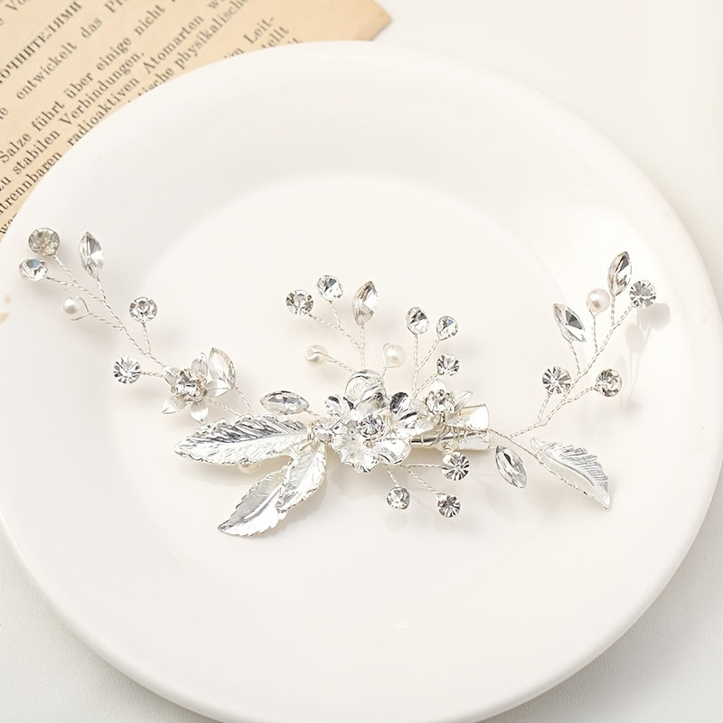 Silvery Floral Wedding Hair Clip Faux Pearl Bridal Hairpin Crystal Barrette