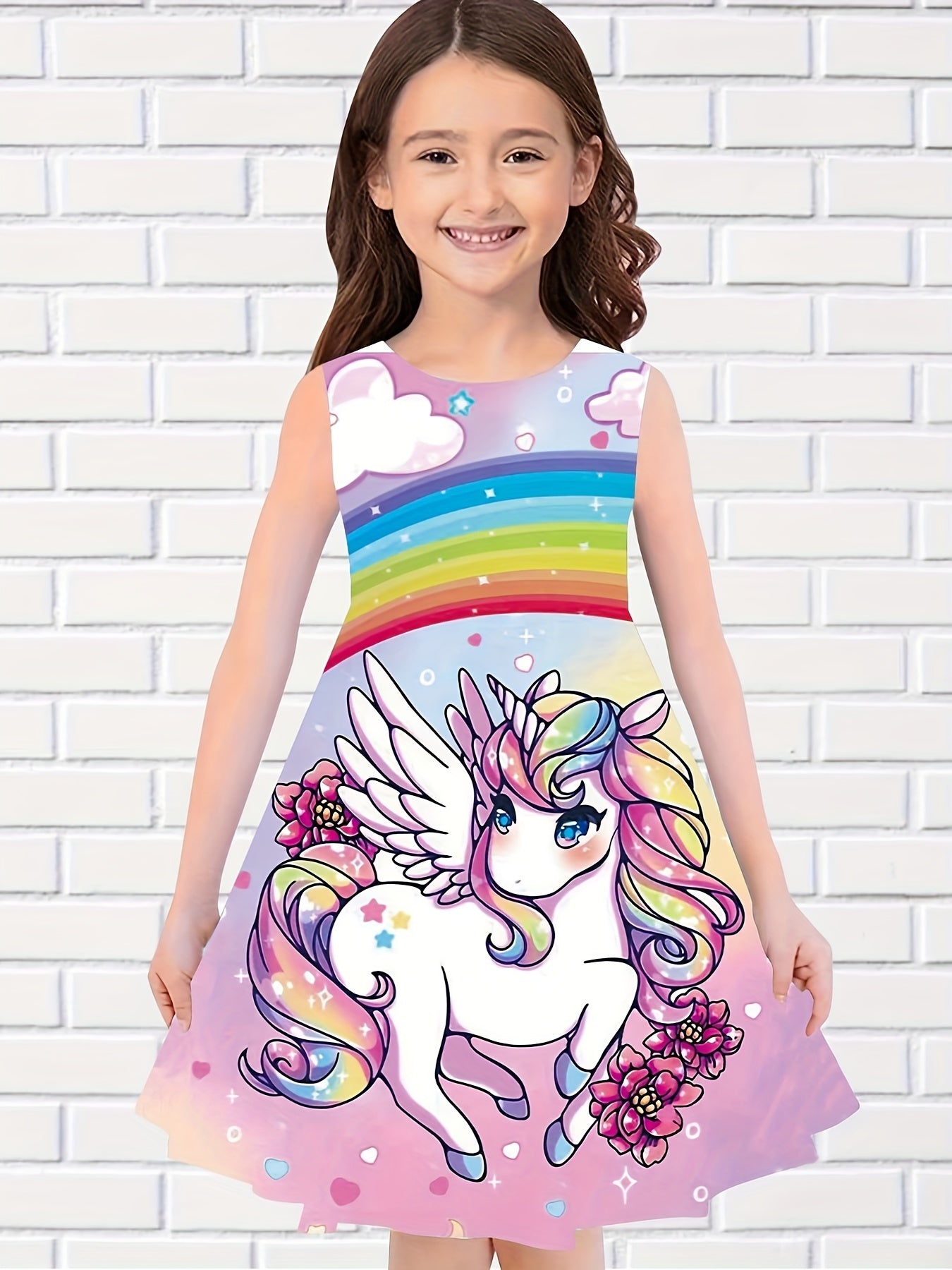 3D Unicorn Print Sleeveless Dress for Girls