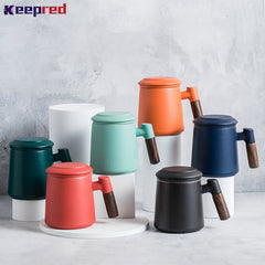 Ceramic Coffee Mug with Stainless Steel Filter and Wood Handle