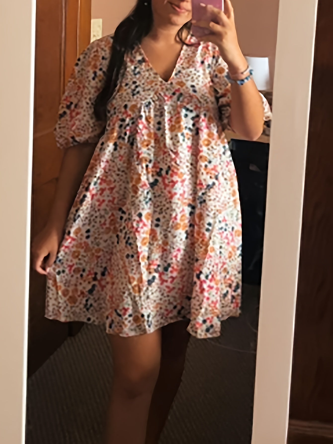 Floral Print V Neck Dress Lantern Sleeve Mini Dress
