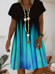 Ombre Print Short Sleeve V Neck Tee Dress