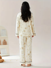 Bear Print Pajama Set Long Sleeve Crew Neck Top & Pants Women's Sleepwear