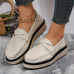 Women's Twist Knot Platform Loafers Solid Round Toe Slip On Wedge Shoes