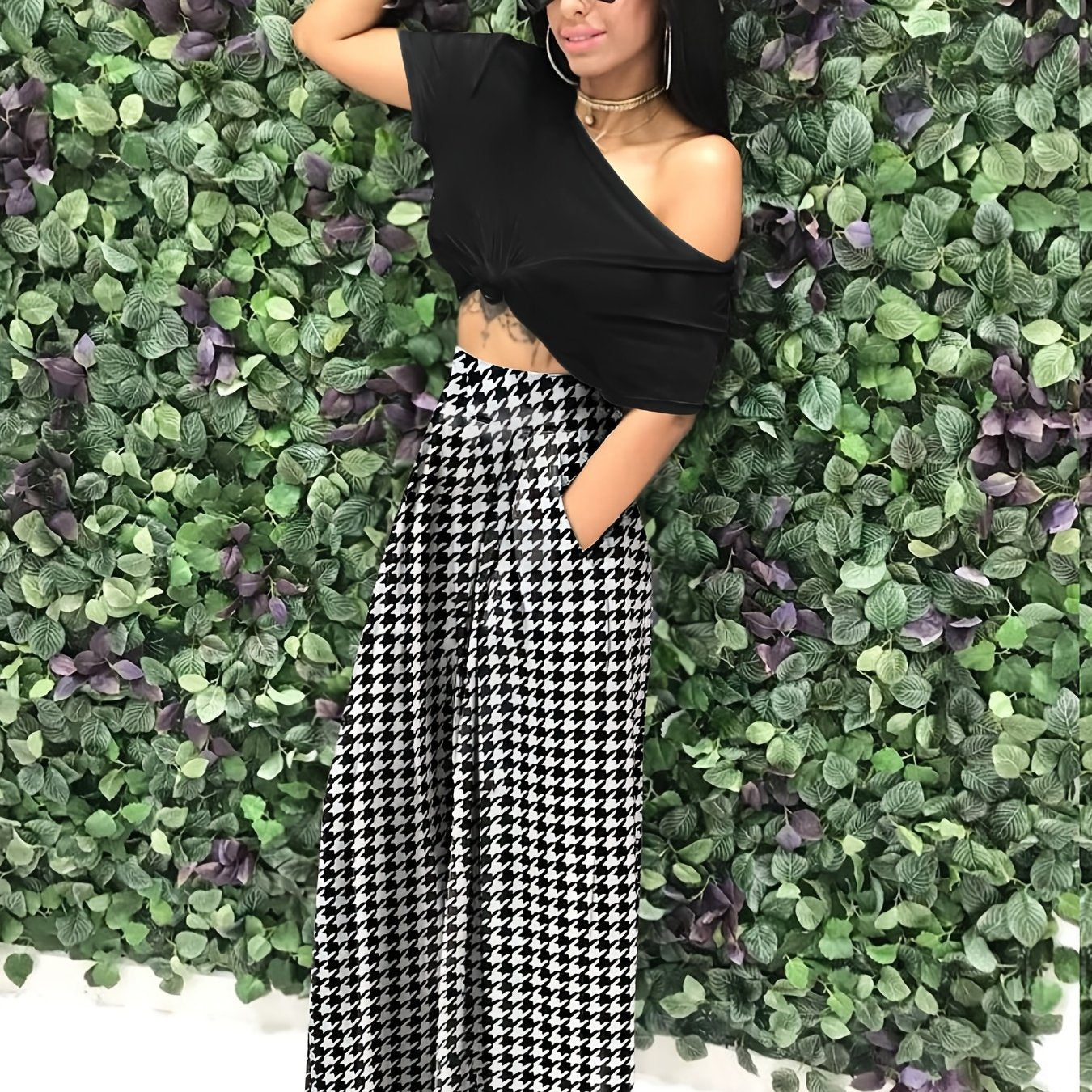 Houndstooth Wide Leg Pants High Waist Casual Pants With Pockets
