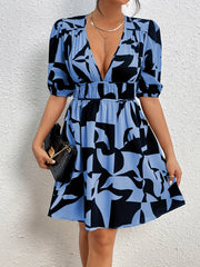 Geometric Print Ruched Dress Casual Plunging Puff Sleeve Dress