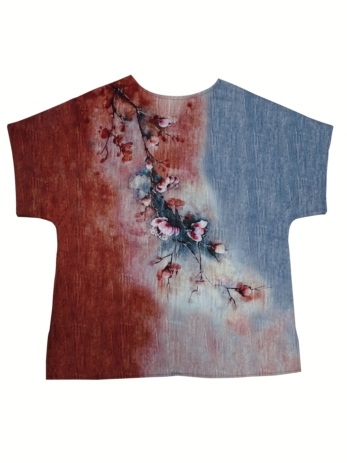 Floral Print Short Sleeve Round Neck Split Top