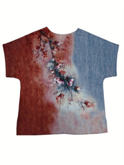 Floral Print Short Sleeve Round Neck Split Top