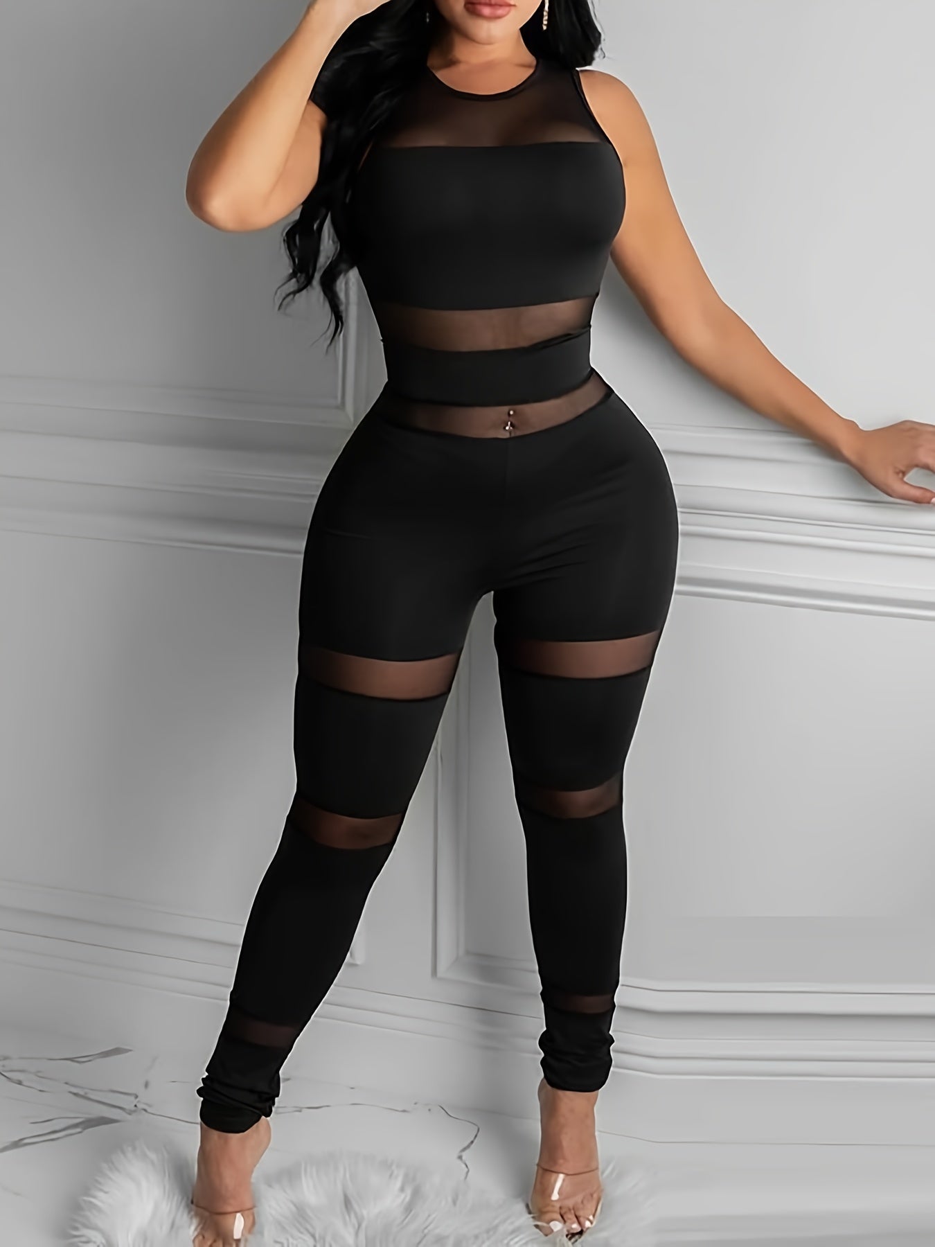 Solid Mesh Stitching Skinny Jumpsuit Crew Neck Sleeveless Jumpsuit