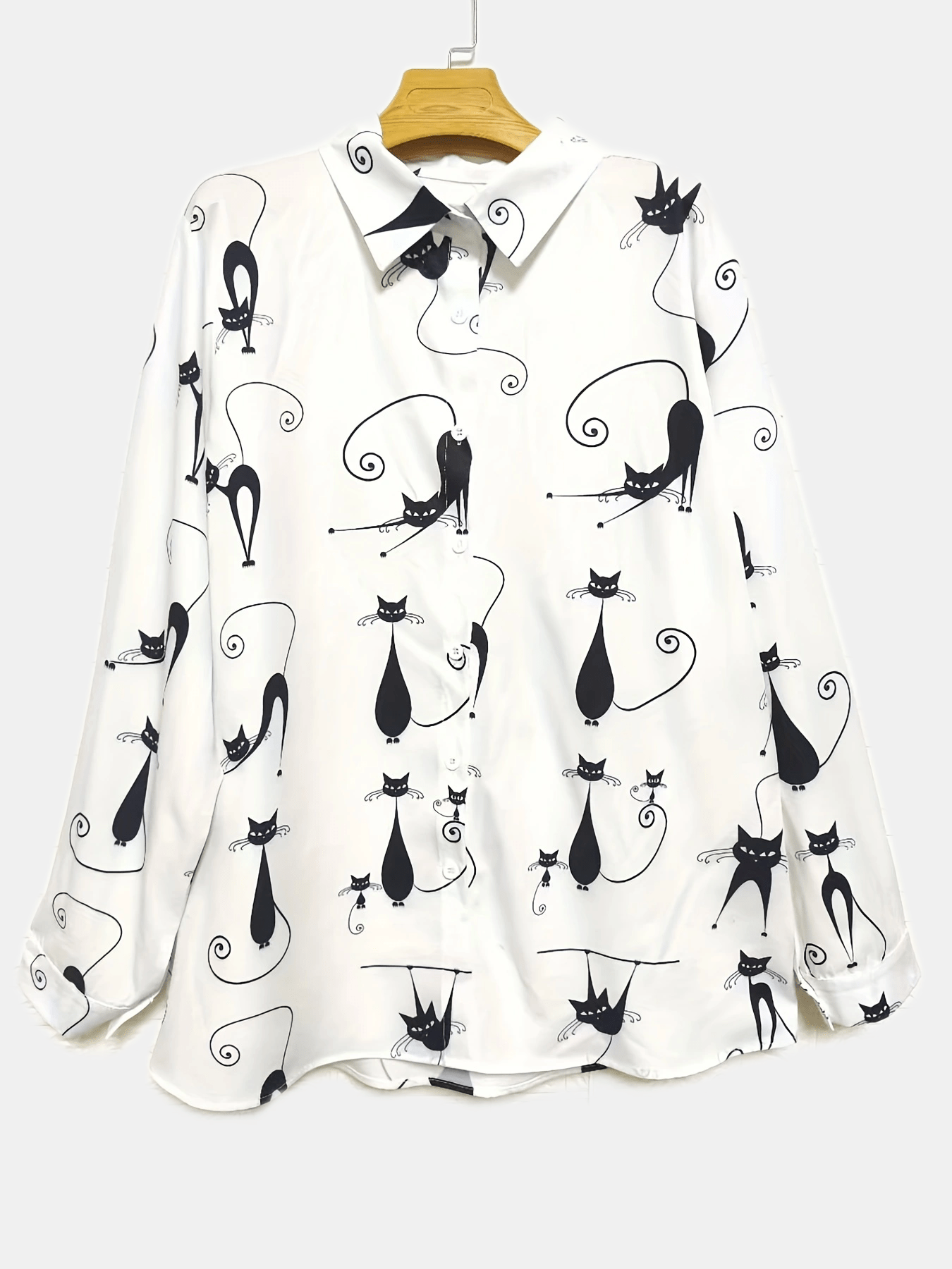 Cartoon Cat Print Button Up Long Sleeve Blouse