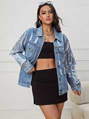 Sequin Long Sleeve Oversized Denim Jackets Flap Pocket Loose Fit