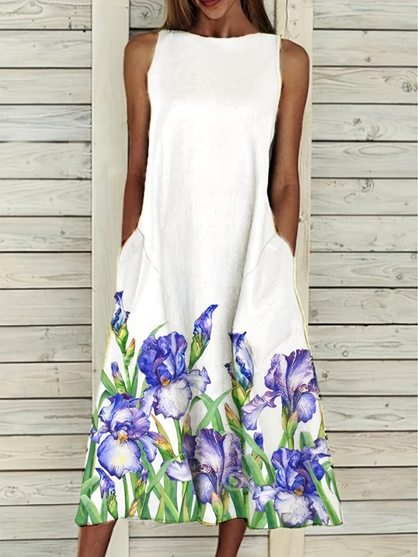 Floral Print Sleeveless Dress Casual Summer Midi Dress With Pockets