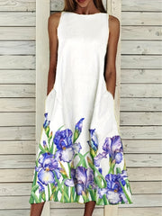 Floral Print Sleeveless Dress Casual Summer Midi Dress With Pockets