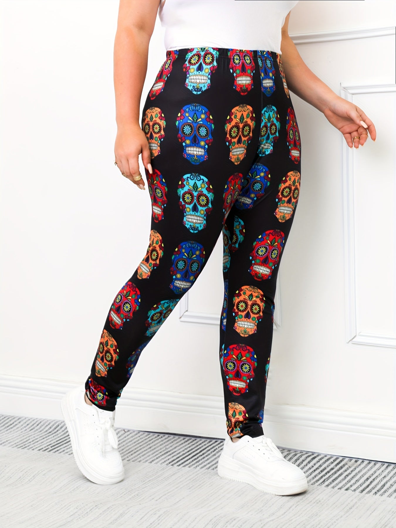 Floral Skull Print Leggings Stretch Skinny Yoga Pants
