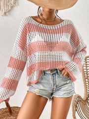 Pink Knitted Long Sleeve Beach Cover Up Top