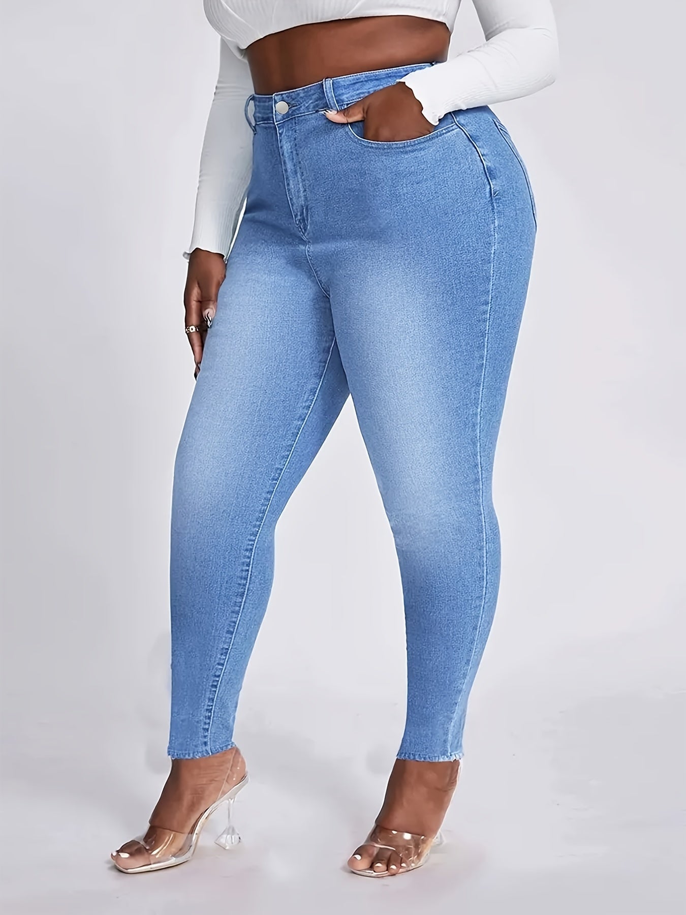 Washed Button Fly Lip Print High Rise Skinny Jeans