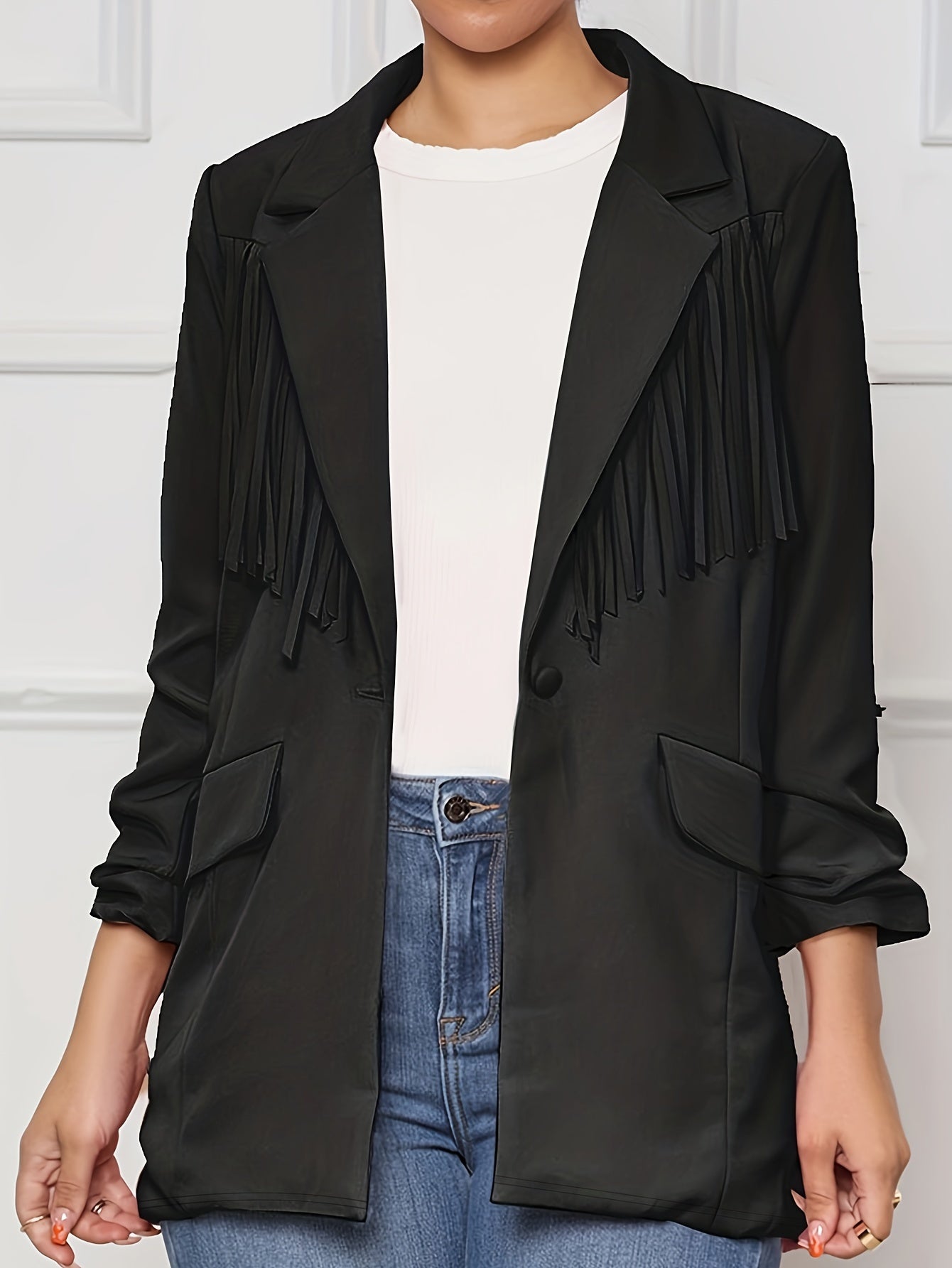 Fringe Trim Long Sleeve Blazer