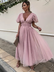Plunging Wedding Dress Puff Sleeve Maxi Dress