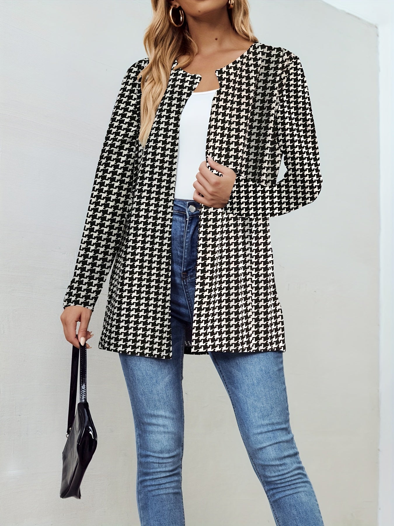 Plaid Open Front Jacket Long Sleeve for Fall