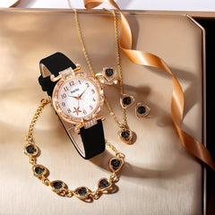 Stylish Rhinestone Studded Quartz Watch & Kids Heart Jewelry Set